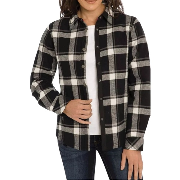 ORVIS Black & White Fleece Lined Flannel Shacket sz XL Snaps Side Pockets Jacket - Picture 1 of 10